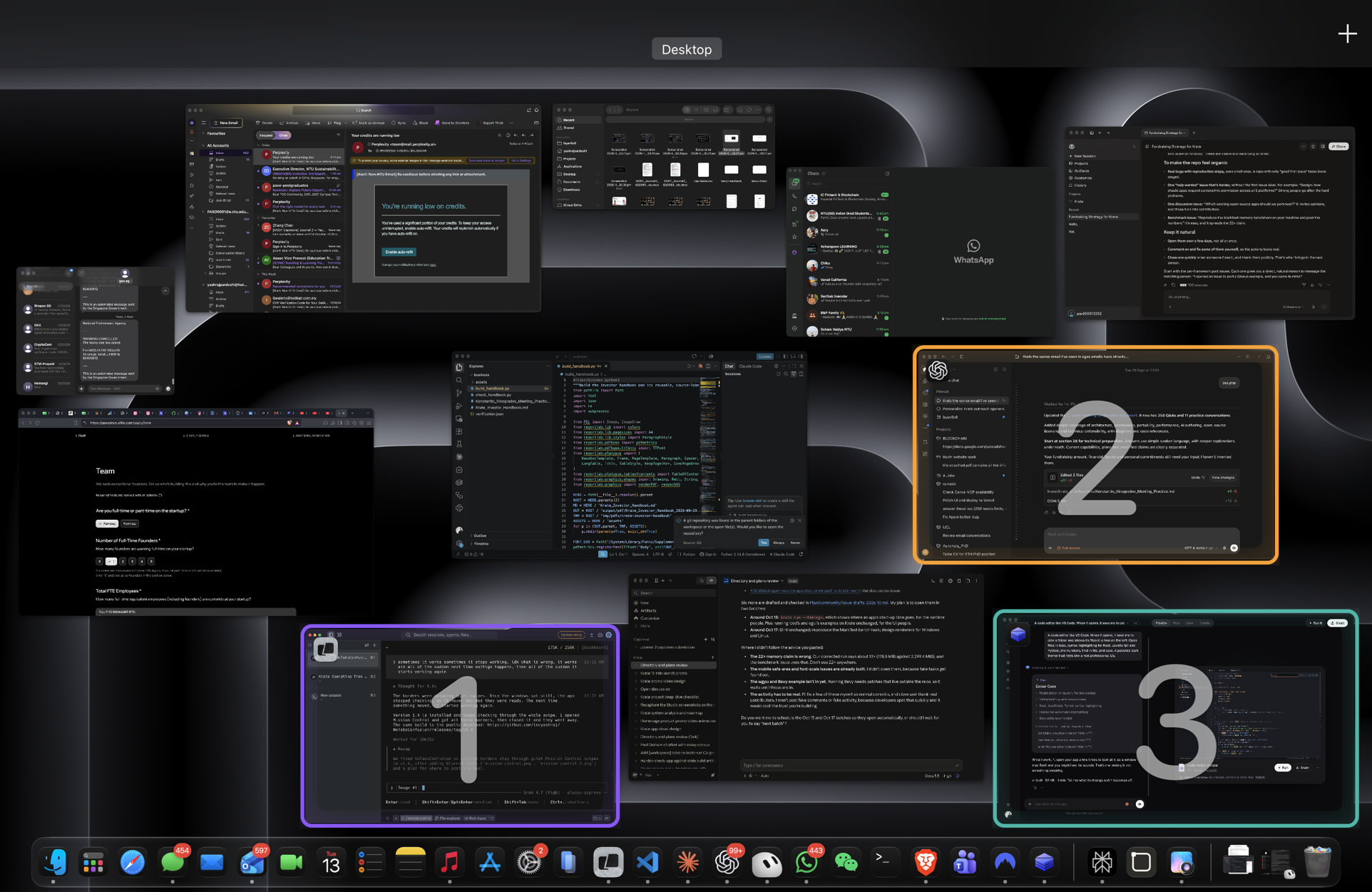 Mission Control with the last three windows outlined. Purple and 1 on the one just left, amber and 2 on the one before that, teal and 3 on the earlier one.