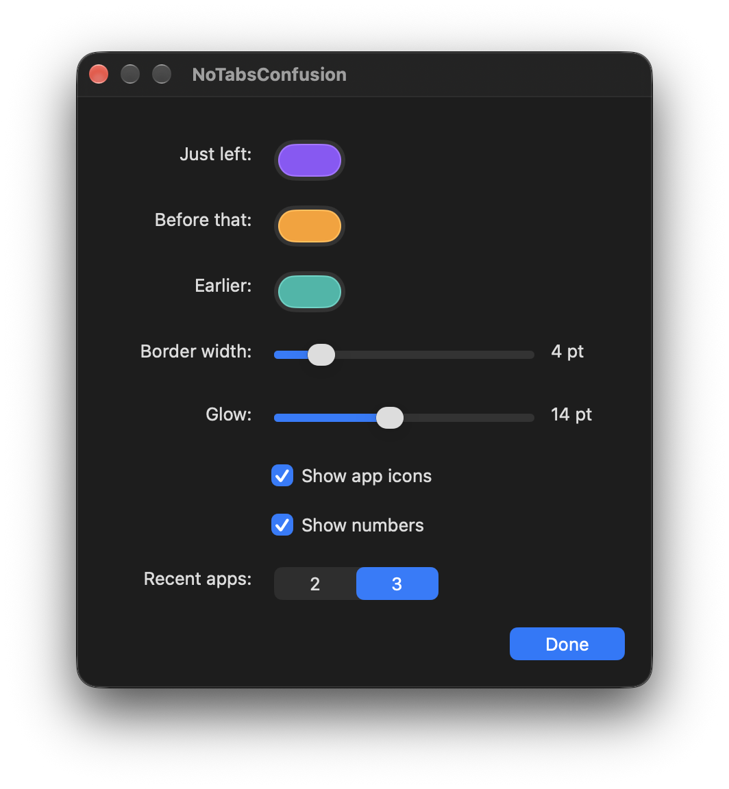 NoTabsConfusion preferences, with the three colors, border width, glow, and show numbers.